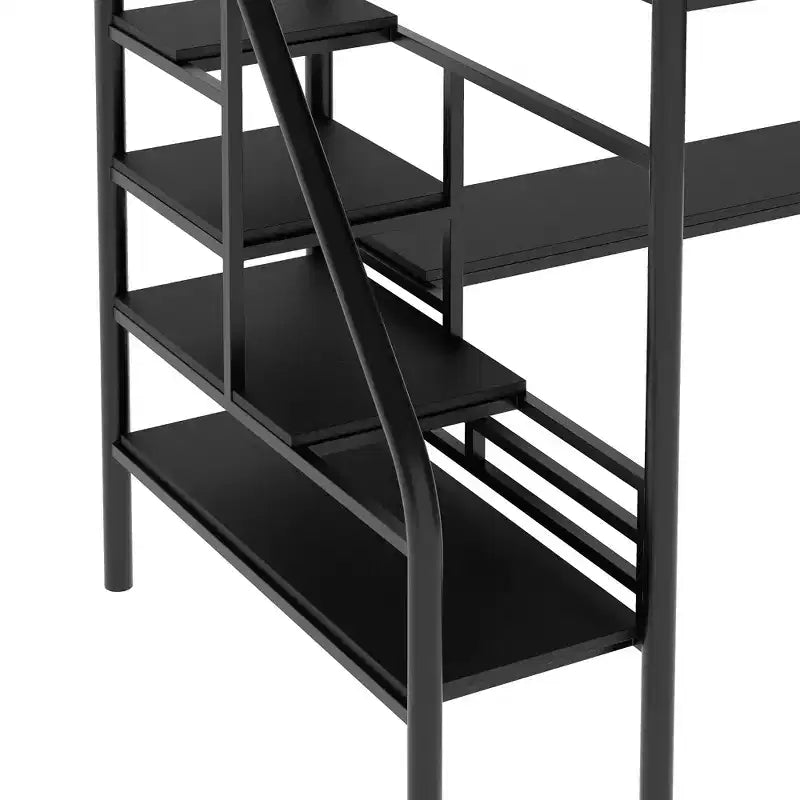 Metall-Hochbett Schwerlast-Etagenbett mit Schreibtisch, Twin-Size-Etagenbettrahmen mit Treppe für Schlafzimmer, Wohnheim oder Gästezimmer, Schwarz