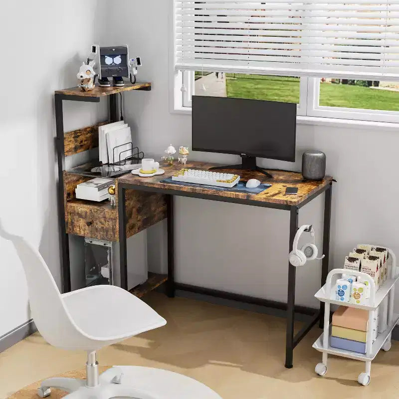 Okak 48IN Computer Desk with Metal Frame, Gaming Desk with Storage Shelves and 1 Drawer, Writing Desk for Living Room, Study