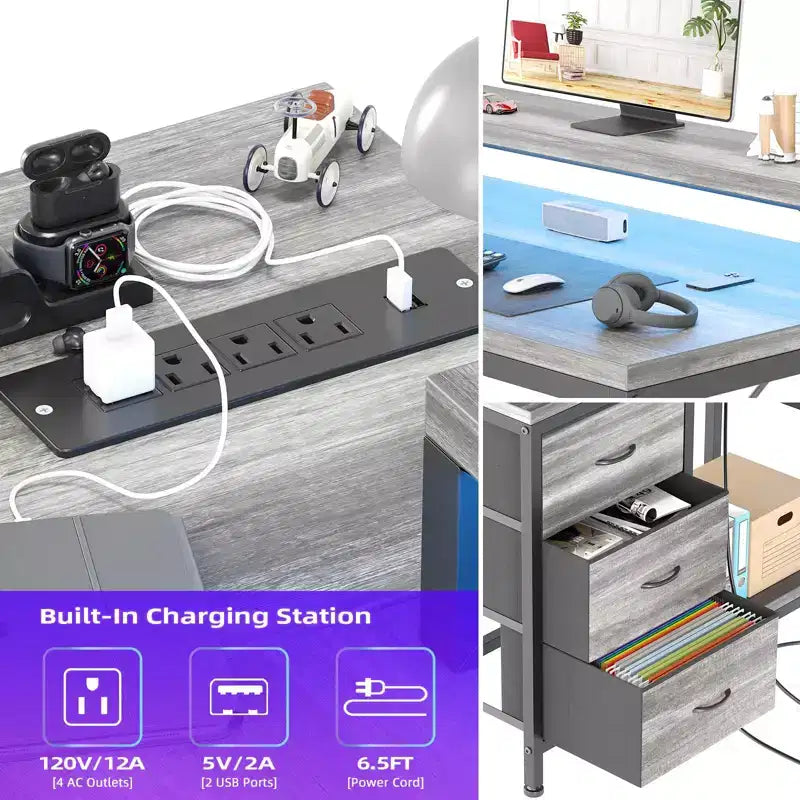 L-förmiger Gaming-Schreibtisch (47.3) Wendbarer Eckschreibtisch mit 3 Schubladen, Steckdosen und USB-Anschluss für das Home Office (1er-Pack)