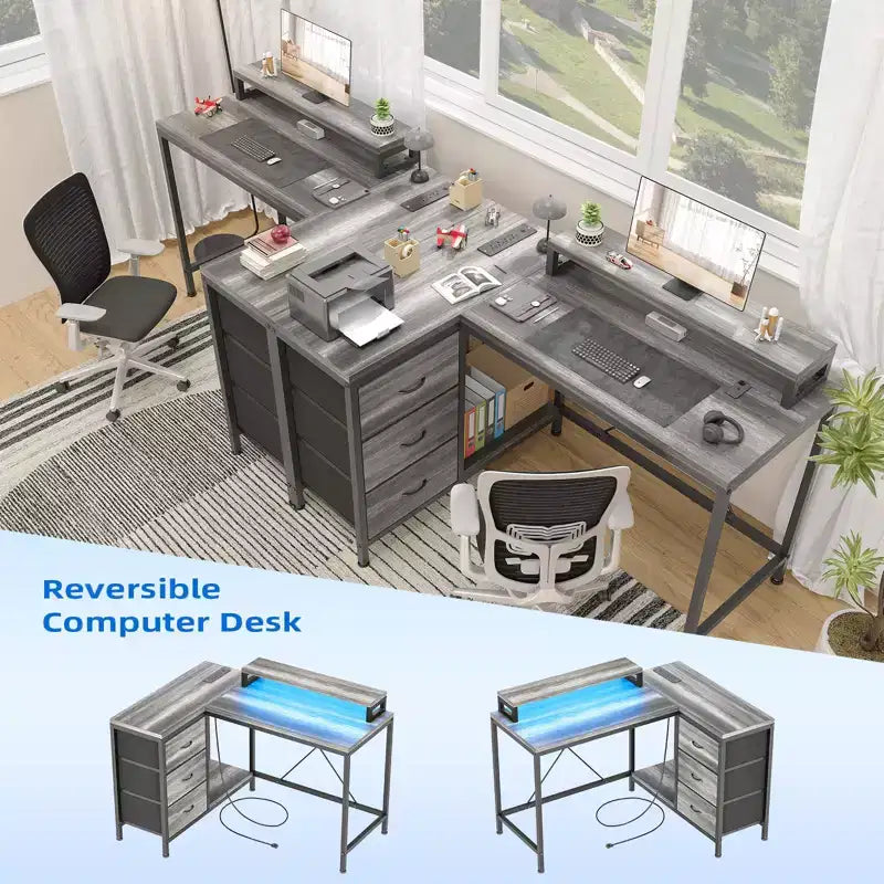 L-förmiger Gaming-Schreibtisch (47.3) Wendbarer Eckschreibtisch mit 3 Schubladen, Steckdosen und USB-Anschluss für das Home Office (1er-Pack)