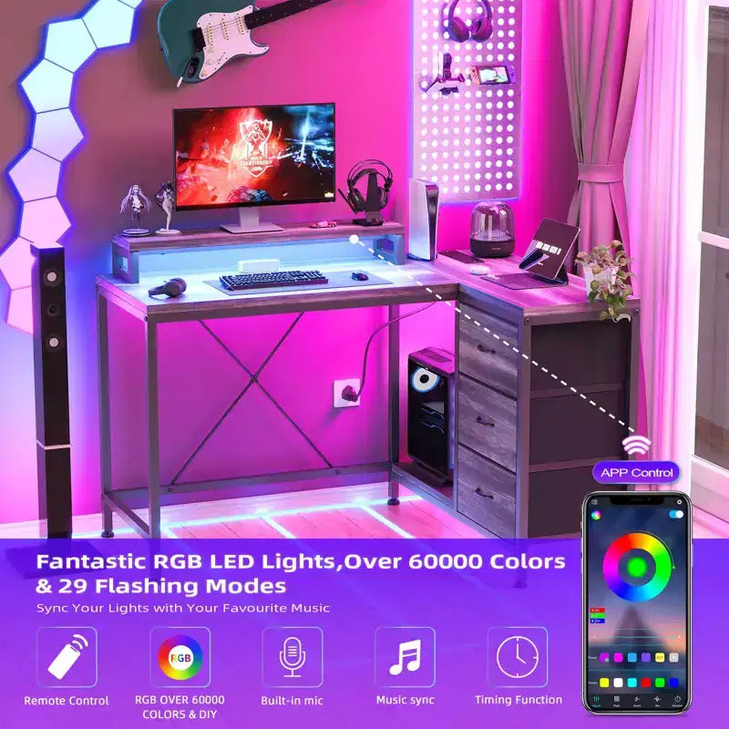 L-förmiger Gaming-Schreibtisch (47.3) Wendbarer Eckschreibtisch mit 3 Schubladen, Steckdosen und USB-Anschluss für das Home Office (1er-Pack)