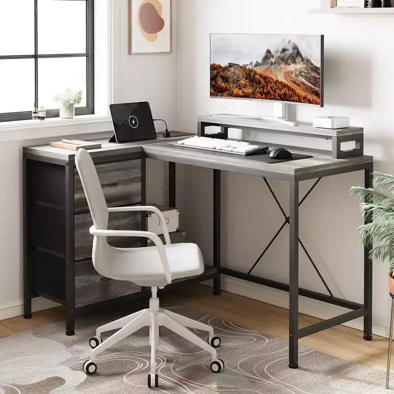 L-förmiger Gaming-Schreibtisch (47.3) Wendbarer Eckschreibtisch mit 3 Schubladen, Steckdosen und USB-Anschluss für das Home Office (1er-Pack)