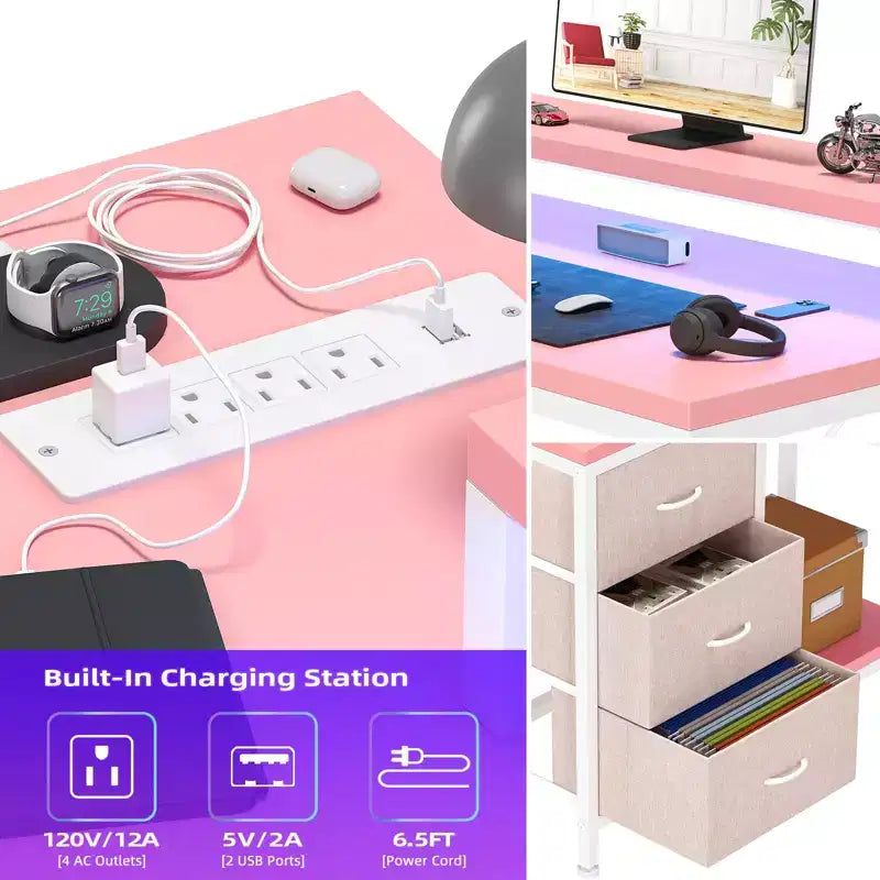 L-förmiger Gaming-Schreibtisch (47.3) Wendbarer Eckschreibtisch mit 3 Schubladen, Steckdosen und USB-Anschluss für das Home Office (1er-Pack)