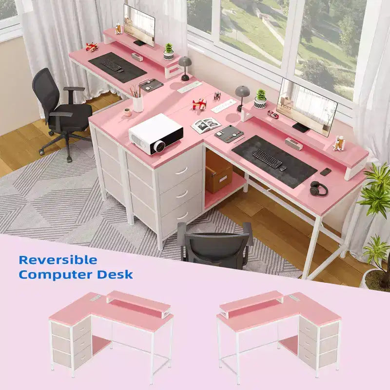 L-förmiger Gaming-Schreibtisch (47.3) Wendbarer Eckschreibtisch mit 3 Schubladen, Steckdosen und USB-Anschluss für das Home Office (1er-Pack)