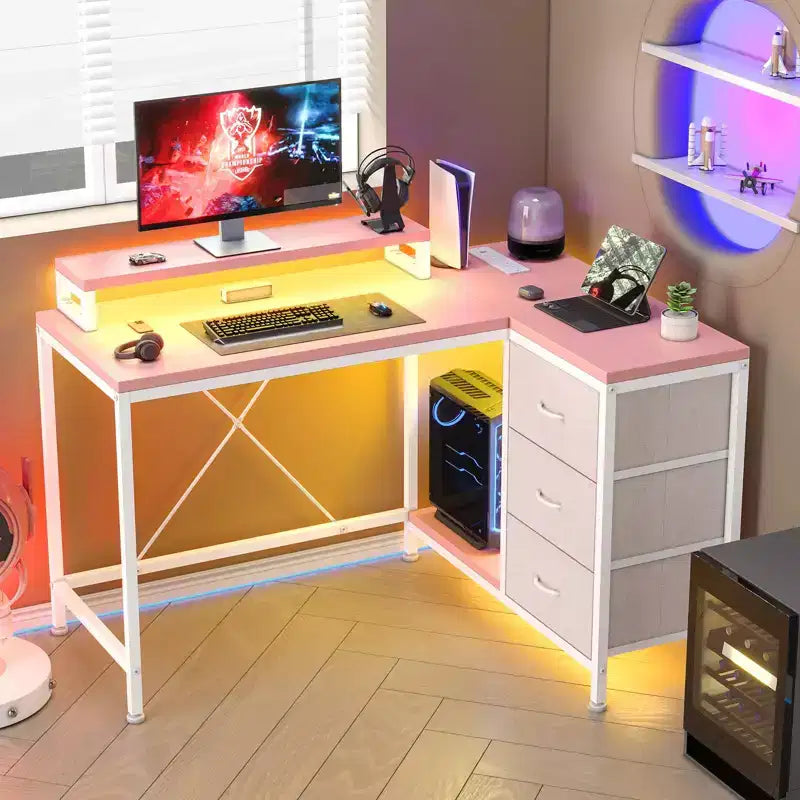 L-förmiger Gaming-Schreibtisch (47.3) Wendbarer Eckschreibtisch mit 3 Schubladen, Steckdosen und USB-Anschluss für das Home Office (1er-Pack)