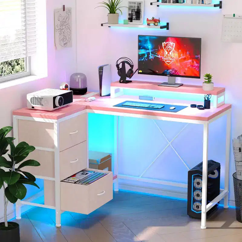 L-förmiger Gaming-Schreibtisch (47.3) Wendbarer Eckschreibtisch mit 3 Schubladen, Steckdosen und USB-Anschluss für das Home Office (1er-Pack)