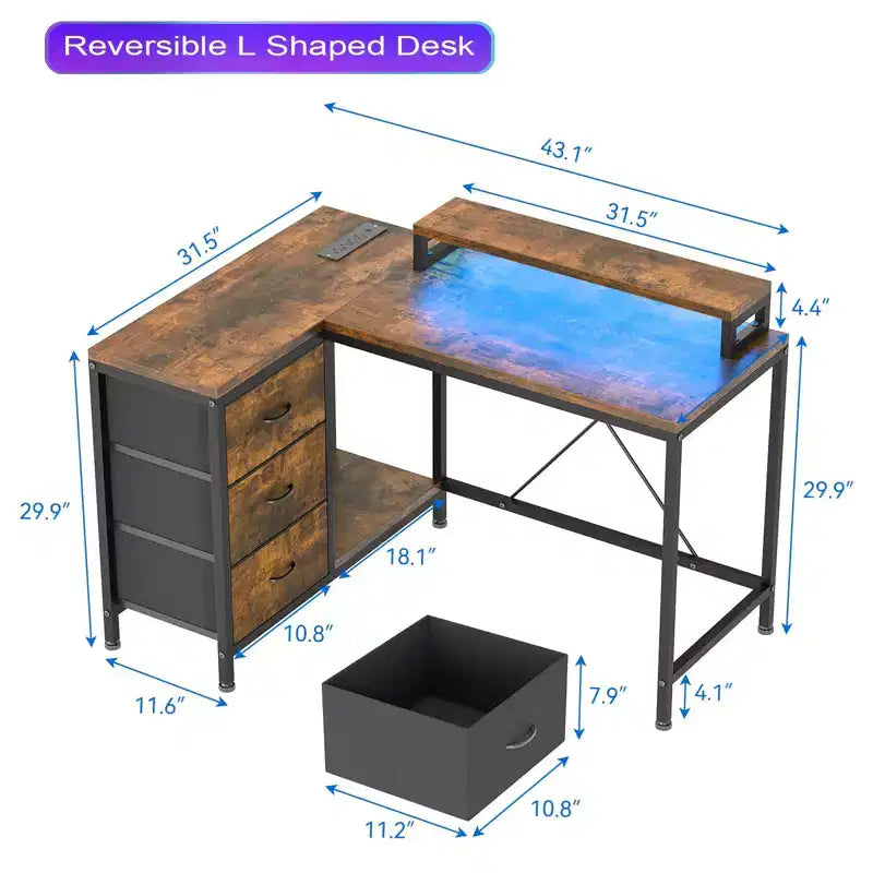 L-förmiger Gaming-Schreibtisch (47.3) Wendbarer Eckschreibtisch mit 3 Schubladen, Steckdosen und USB-Anschluss für das Home Office (1er-Pack)