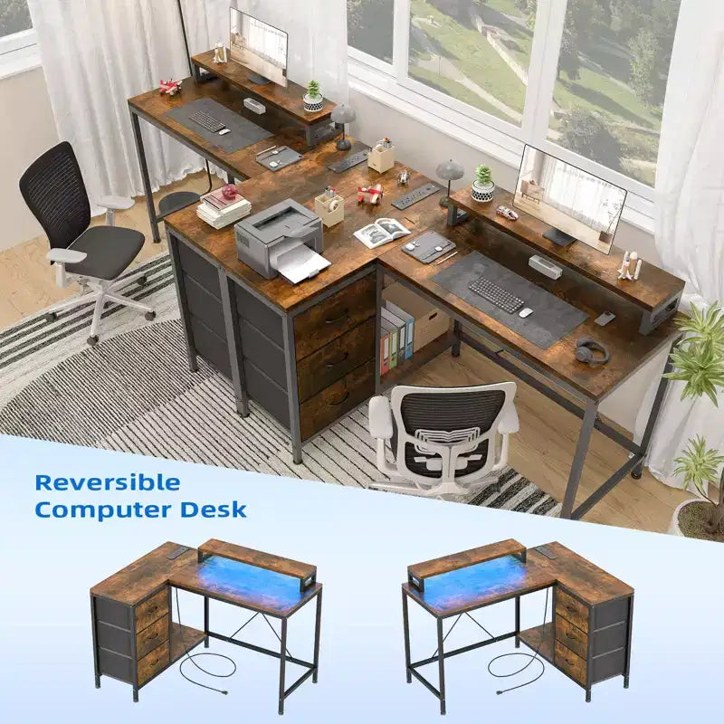 L-förmiger Gaming-Schreibtisch (47.3) Wendbarer Eckschreibtisch mit 3 Schubladen, Steckdosen und USB-Anschluss für das Home Office (1er-Pack)