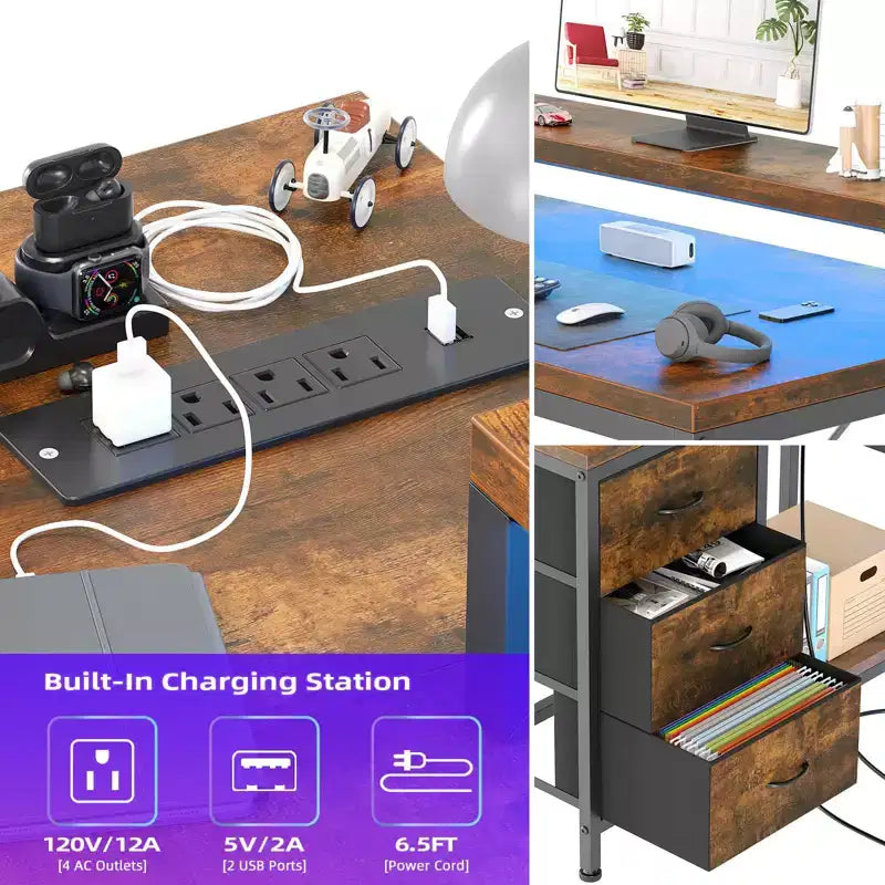 L-förmiger Gaming-Schreibtisch (47.3) Wendbarer Eckschreibtisch mit 3 Schubladen, Steckdosen und USB-Anschluss für das Home Office (1er-Pack)