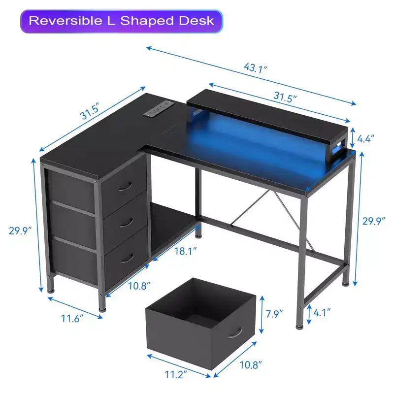 L-förmiger Gaming-Schreibtisch (47.3) Wendbarer Eckschreibtisch mit 3 Schubladen, Steckdosen und USB-Anschluss für das Home Office (1er-Pack)
