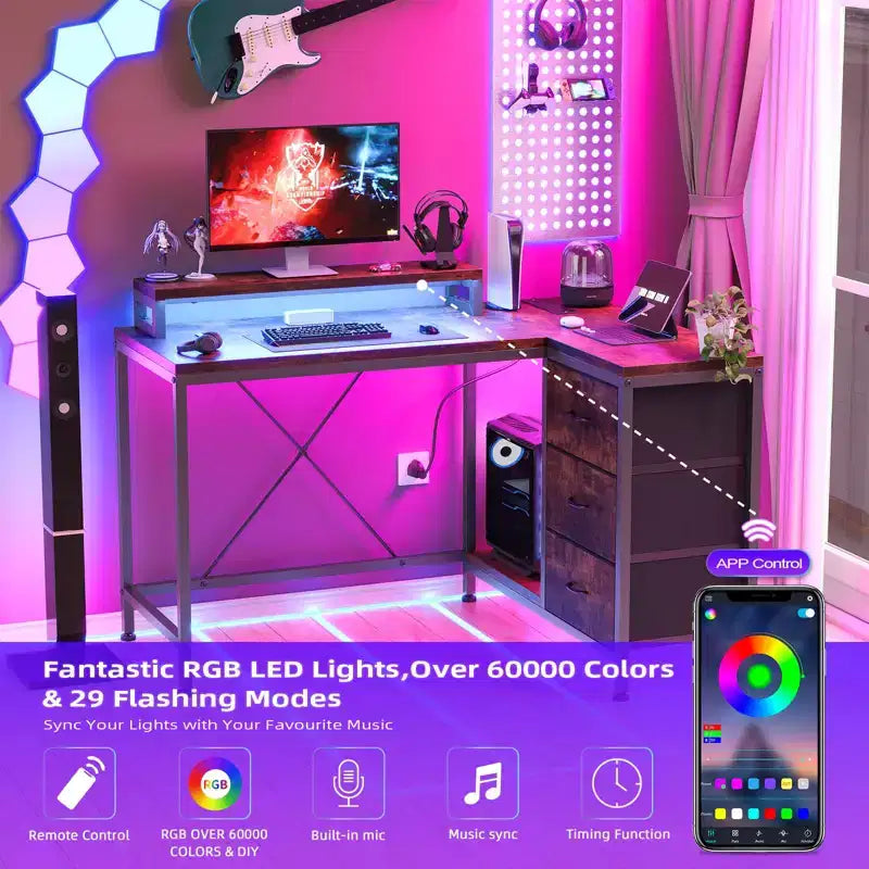 L-förmiger Gaming-Schreibtisch (47.3) Wendbarer Eckschreibtisch mit 3 Schubladen, Steckdosen und USB-Anschluss für das Home Office (1er-Pack)