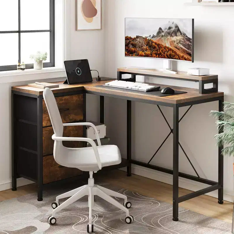 L-förmiger Gaming-Schreibtisch (47.3) Wendbarer Eckschreibtisch mit 3 Schubladen, Steckdosen und USB-Anschluss für das Home Office (1er-Pack)