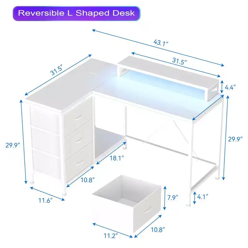 L-förmiger Gaming-Schreibtisch (47.3) Wendbarer Eckschreibtisch mit 3 Schubladen, Steckdosen und USB-Anschluss für das Home Office (1er-Pack)