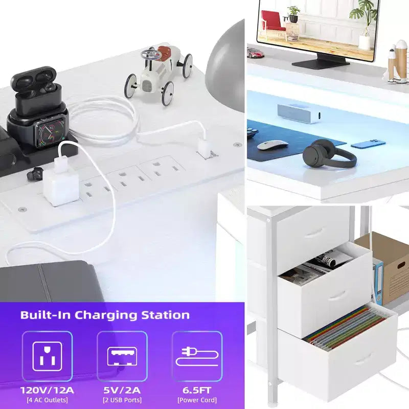 L-förmiger Gaming-Schreibtisch (47.3) Wendbarer Eckschreibtisch mit 3 Schubladen, Steckdosen und USB-Anschluss für das Home Office (1er-Pack)
