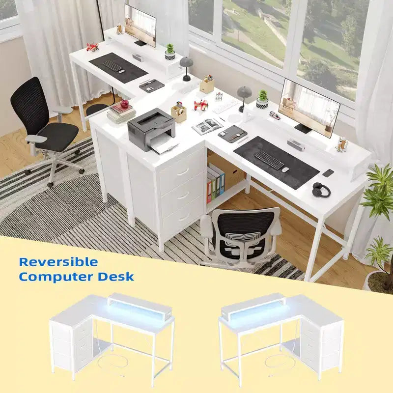 L-förmiger Gaming-Schreibtisch (47.3) Wendbarer Eckschreibtisch mit 3 Schubladen, Steckdosen und USB-Anschluss für das Home Office (1er-Pack)
