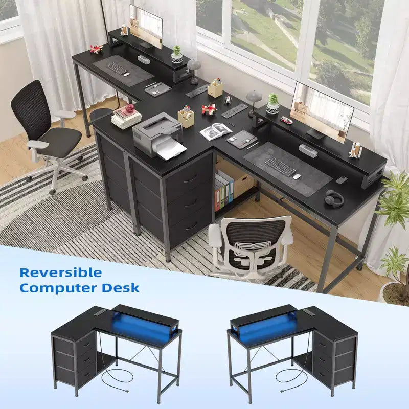 L-förmiger Gaming-Schreibtisch (47.3) Wendbarer Eckschreibtisch mit 3 Schubladen, Steckdosen und USB-Anschluss für das Home Office (1er-Pack)