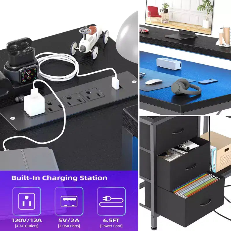 L-förmiger Gaming-Schreibtisch (47.3) Wendbarer Eckschreibtisch mit 3 Schubladen, Steckdosen und USB-Anschluss für das Home Office (1er-Pack)