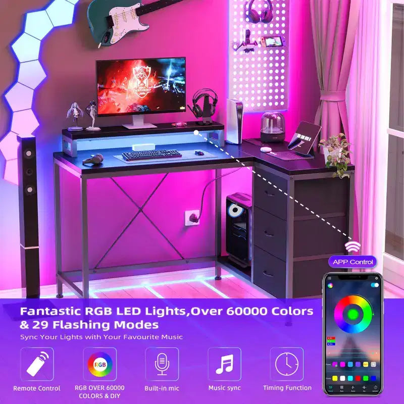 L-förmiger Gaming-Schreibtisch (47.3) Wendbarer Eckschreibtisch mit 3 Schubladen, Steckdosen und USB-Anschluss für das Home Office (1er-Pack)