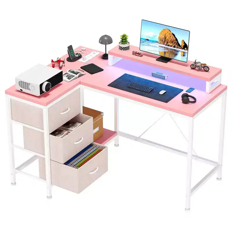 L-förmiger Gaming-Schreibtisch (47.3) Wendbarer Eckschreibtisch mit 3 Schubladen, Steckdosen und USB-Anschluss für das Home Office (1er-Pack)