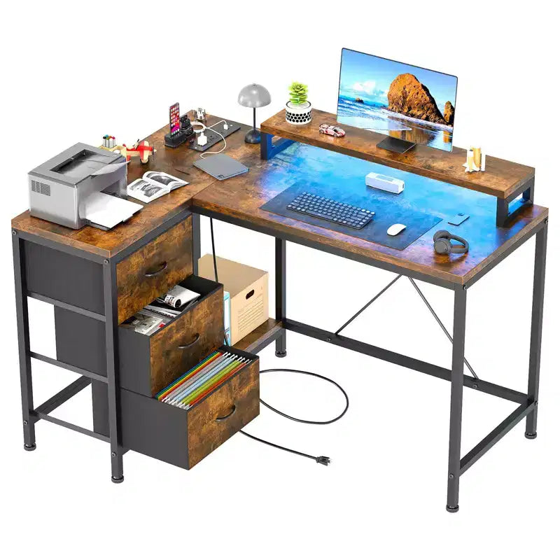 L-förmiger Gaming-Schreibtisch (47.3) Wendbarer Eckschreibtisch mit 3 Schubladen, Steckdosen und USB-Anschluss für das Home Office (1er-Pack)