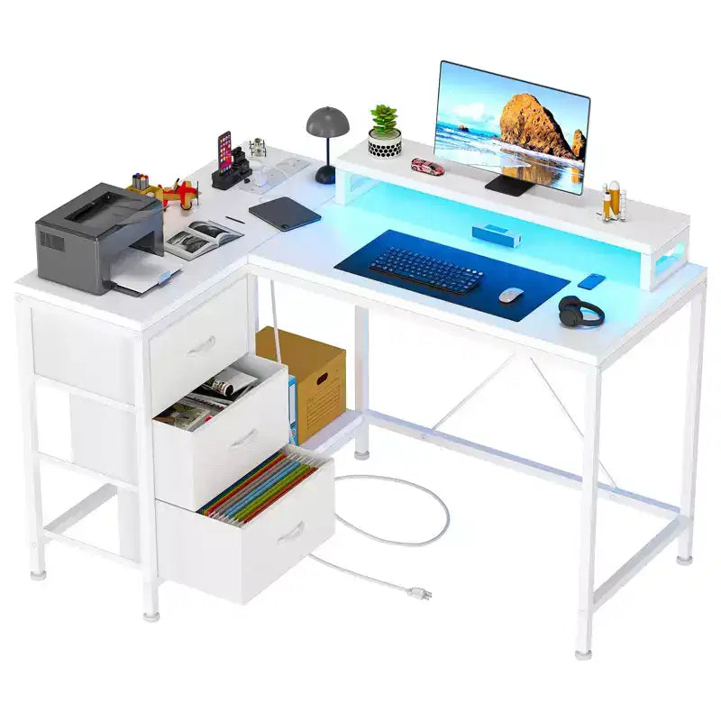 L-förmiger Gaming-Schreibtisch (47.3) Wendbarer Eckschreibtisch mit 3 Schubladen, Steckdosen und USB-Anschluss für das Home Office (1er-Pack)