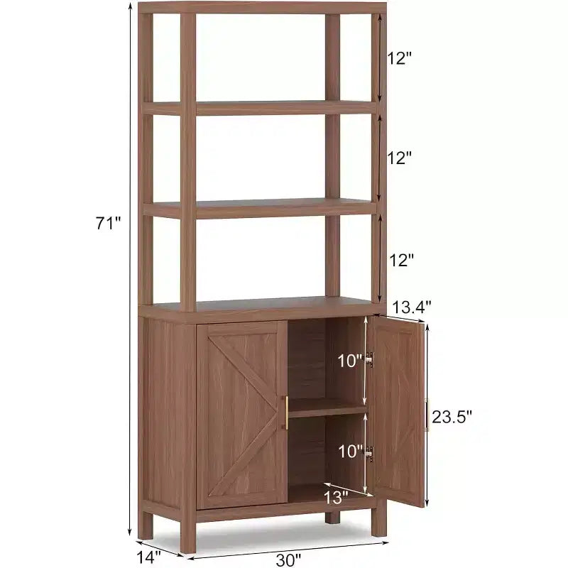 Bücherregal Schrank, 5-stufiges Bücherregal aus Holz mit Türen, Bücherregal mit verstellbaren Einlegeböden, Bauernhaus Bücherregal Bibliothek Buchaufbewahrung