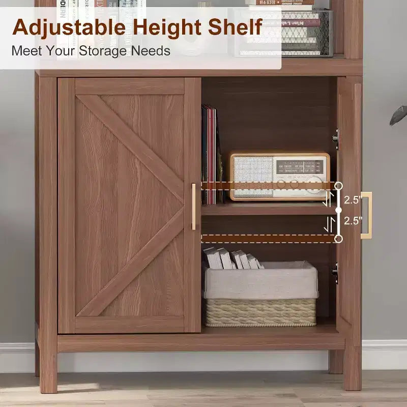 Bücherregal Schrank, 5-stufiges Bücherregal aus Holz mit Türen, Bücherregal mit verstellbaren Einlegeböden, Bauernhaus Bücherregal Bibliothek Buchaufbewahrung
