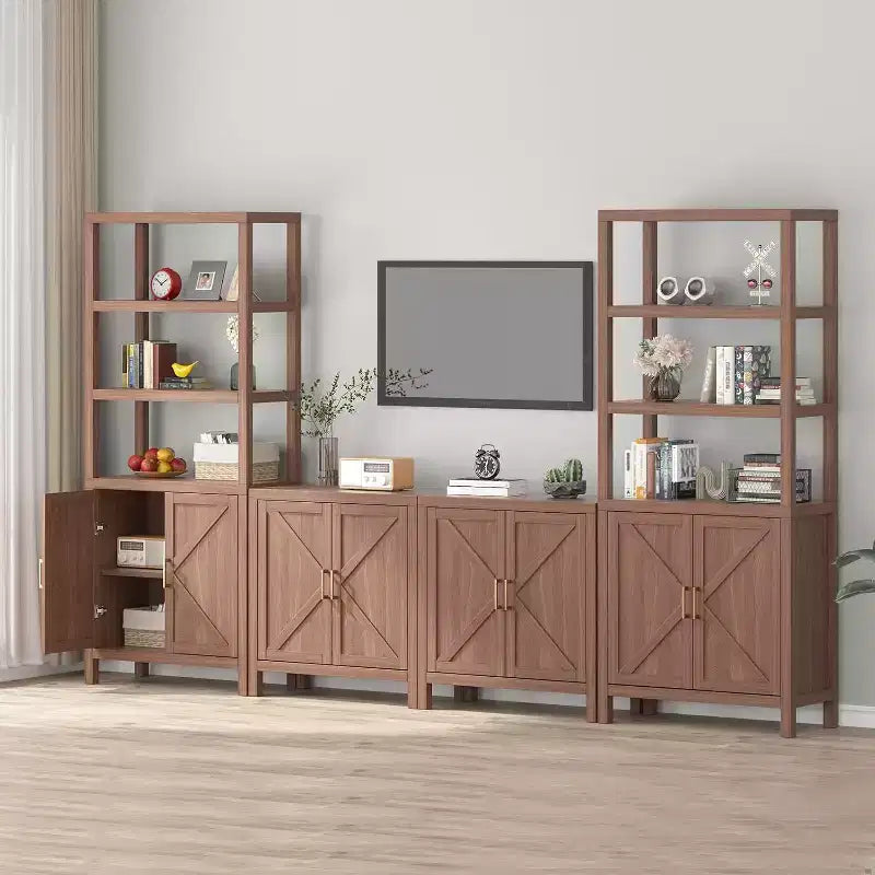 Bücherregal Schrank, 5-stufiges Bücherregal aus Holz mit Türen, Bücherregal mit verstellbaren Einlegeböden, Bauernhaus Bücherregal Bibliothek Buchaufbewahrung
