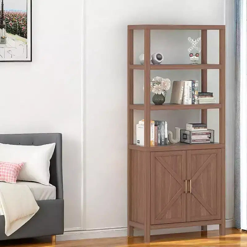 Bücherregal Schrank, 5-stufiges Bücherregal aus Holz mit Türen, Bücherregal mit verstellbaren Einlegeböden, Bauernhaus Bücherregal Bibliothek Buchaufbewahrung
