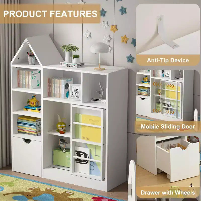 Bücherregal Schrank, 5-stufiges Bücherregal aus Holz mit Türen, Bücherregal mit verstellbaren Einlegeböden, Bauernhaus Bücherregal Bibliothek Buchaufbewahrung