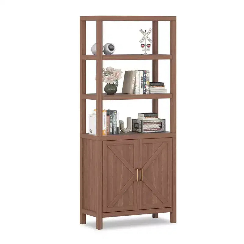Bücherregal Schrank, 5-stufiges Bücherregal aus Holz mit Türen, Bücherregal mit verstellbaren Einlegeböden, Bauernhaus Bücherregal Bibliothek Buchaufbewahrung