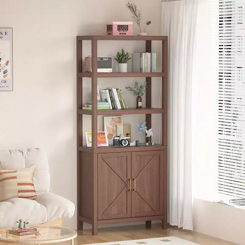 Bücherregal Schrank, 5-stufiges Bücherregal aus Holz mit Türen, Bücherregal mit verstellbaren Einlegeböden, Bauernhaus Bücherregal Bibliothek Buchaufbewahrung