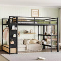 Queen size Loft Bed Frame with Wardrobe,Metal Loft Bed with Storage Shelves and Pegboard,Black