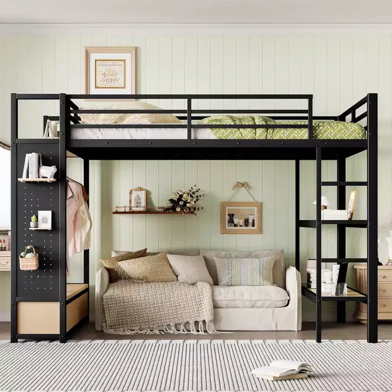Queen-Size-Hochbettgestell mit Kleiderschrank, Metall-Hochbett mit Ablageregalen und Lochwand, Schwarz