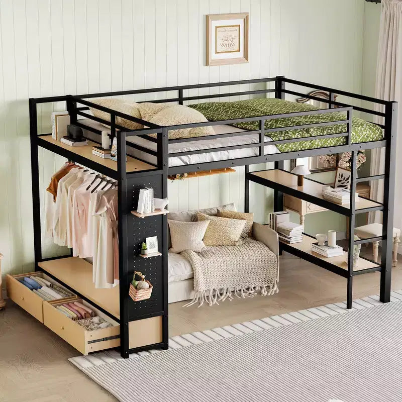 Queen-Size-Hochbettgestell mit Kleiderschrank, Metall-Hochbett mit Ablageregalen und Lochwand, Schwarz