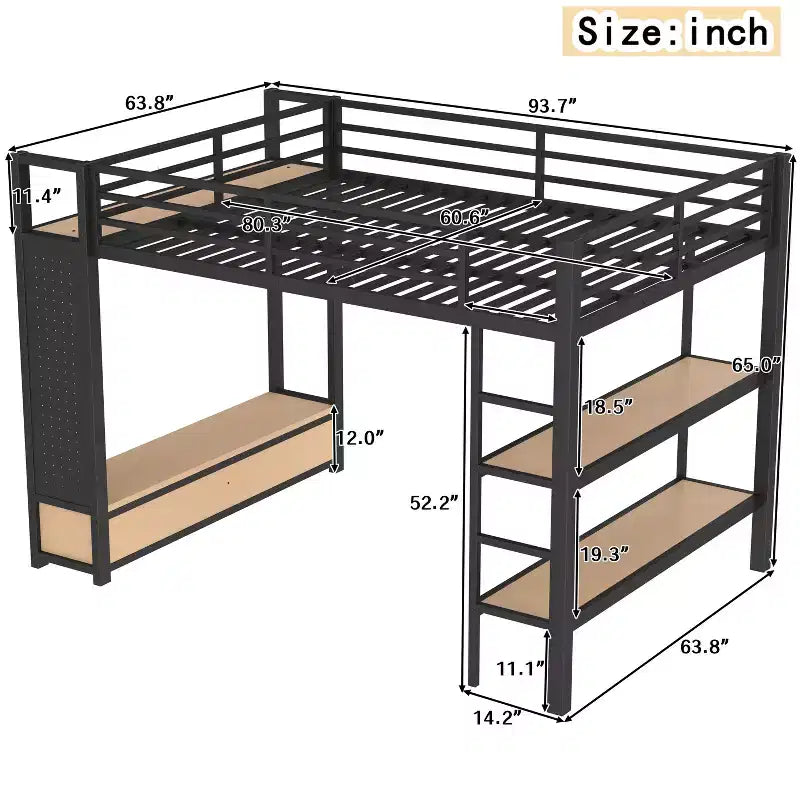 Queen-Size-Hochbettgestell mit Kleiderschrank, Metall-Hochbett mit Ablageregalen und Lochwand, Schwarz