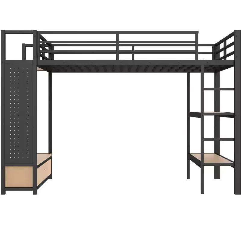 Queen-Size-Hochbettgestell mit Kleiderschrank, Metall-Hochbett mit Ablageregalen und Lochwand, Schwarz