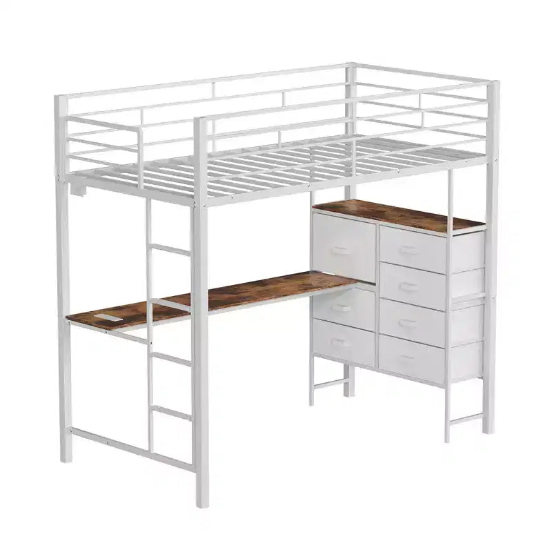 Schwarzes Hochbett mit Schreibtisch, 7 Schubladen und LED-Beleuchtung