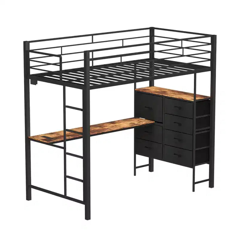 Schwarzes Hochbett mit Schreibtisch, 7 Schubladen und LED-Beleuchtung