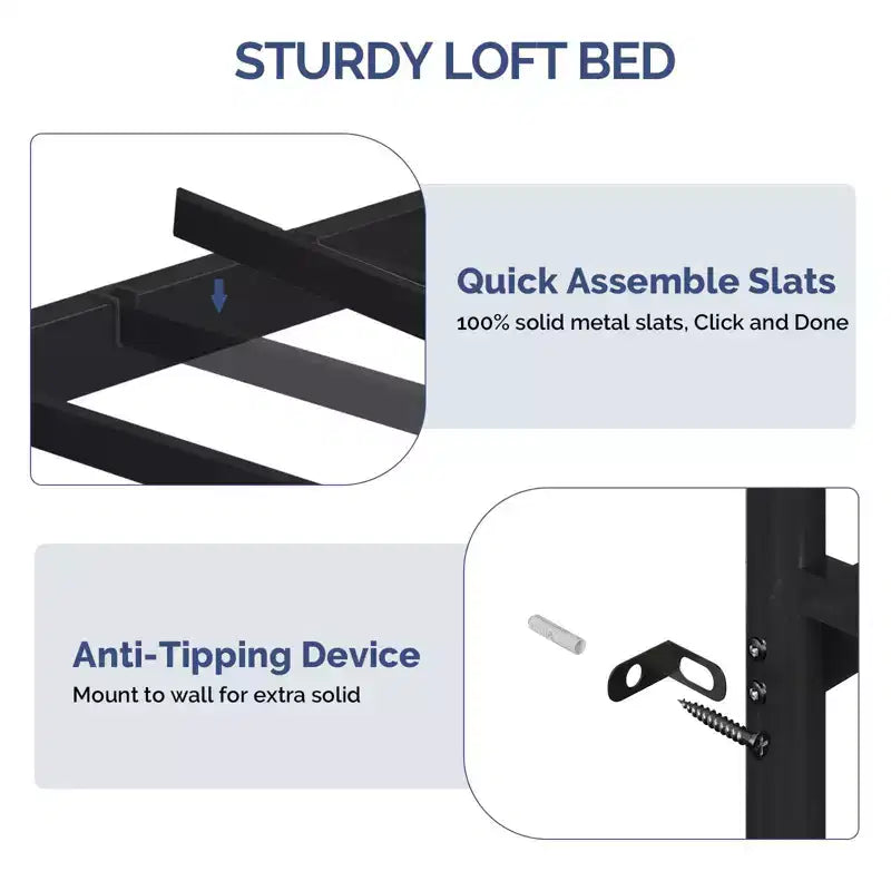 Schwarzes Hochbett mit Schreibtisch, 7 Schubladen und LED-Beleuchtung