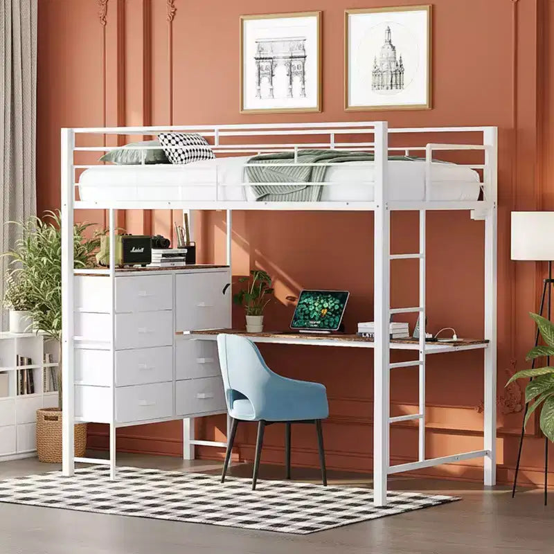 Schwarzes Hochbett mit Schreibtisch, 7 Schubladen und LED-Beleuchtung