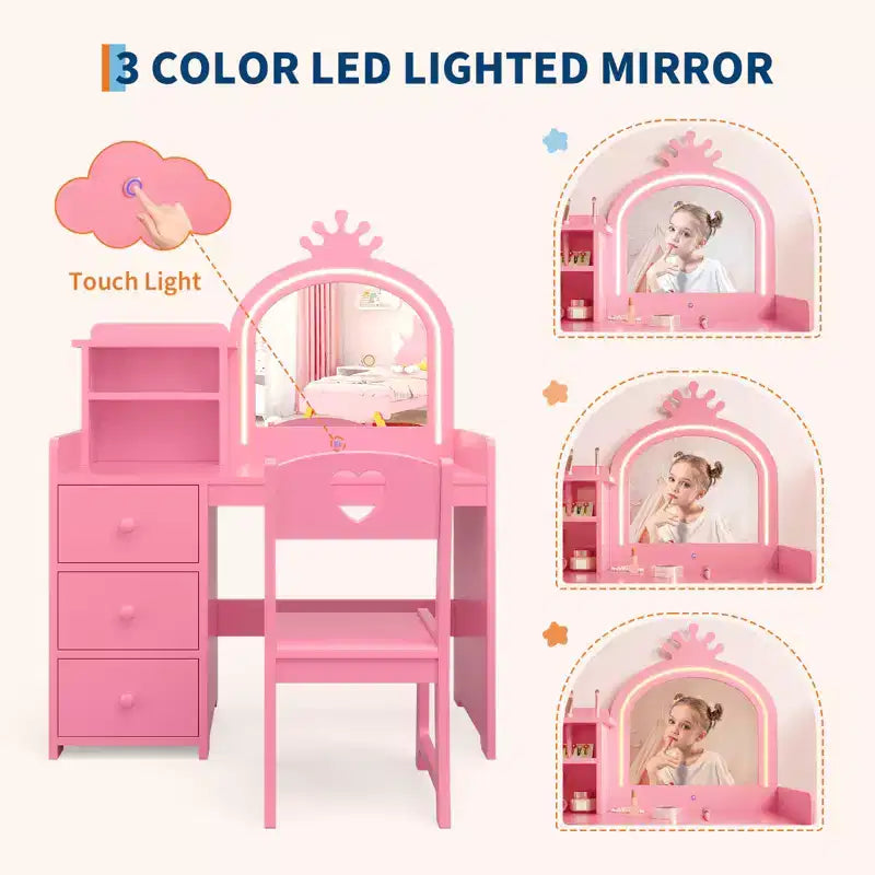 Kinderschminktisch mit beleuchtetem Spiegel, pinkes Holz-Schminktisch-Set mit Stuhl, Schubladen, Pinselhaltern & Ablagefächern, für kleine Mädchen
