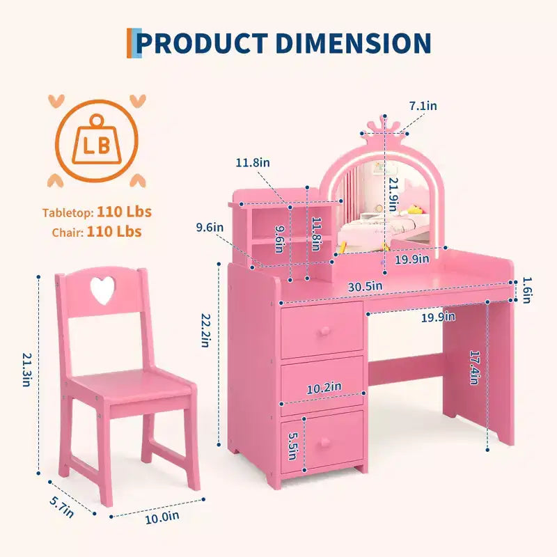 Kinderschminktisch mit beleuchtetem Spiegel, pinkes Holz-Schminktisch-Set mit Stuhl, Schubladen, Pinselhaltern & Ablagefächern, für kleine Mädchen