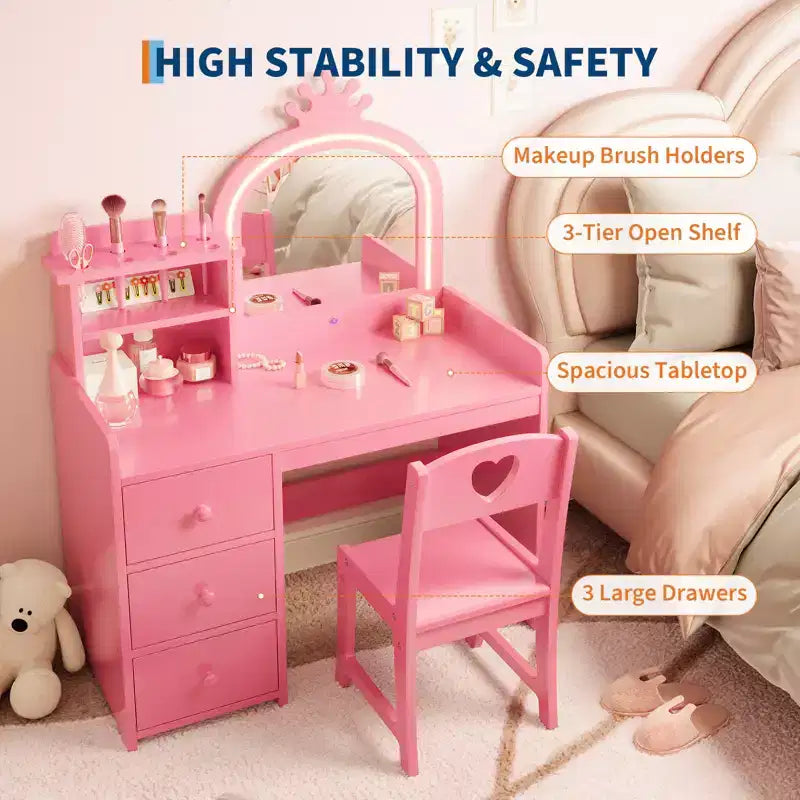 Kinderschminktisch mit beleuchtetem Spiegel, pinkes Holz-Schminktisch-Set mit Stuhl, Schubladen, Pinselhaltern & Ablagefächern, für kleine Mädchen