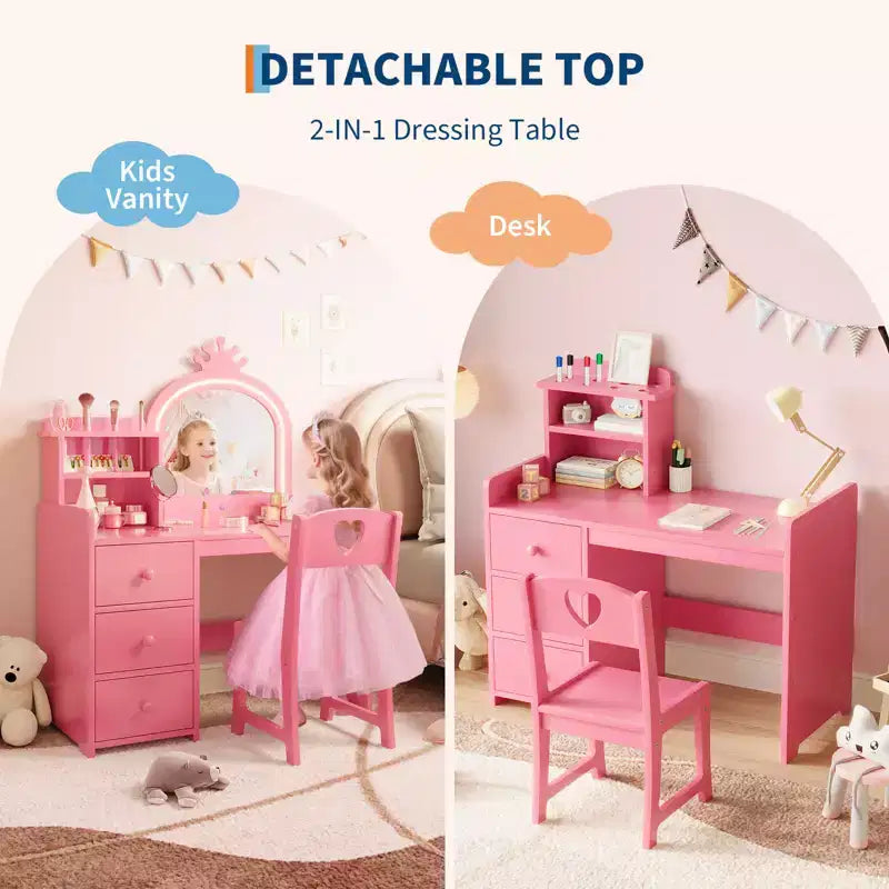 Kinderschminktisch mit beleuchtetem Spiegel, pinkes Holz-Schminktisch-Set mit Stuhl, Schubladen, Pinselhaltern & Ablagefächern, für kleine Mädchen