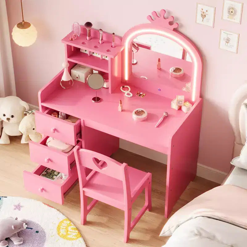 Kinderschminktisch mit beleuchtetem Spiegel, pinkes Holz-Schminktisch-Set mit Stuhl, Schubladen, Pinselhaltern & Ablagefächern, für kleine Mädchen