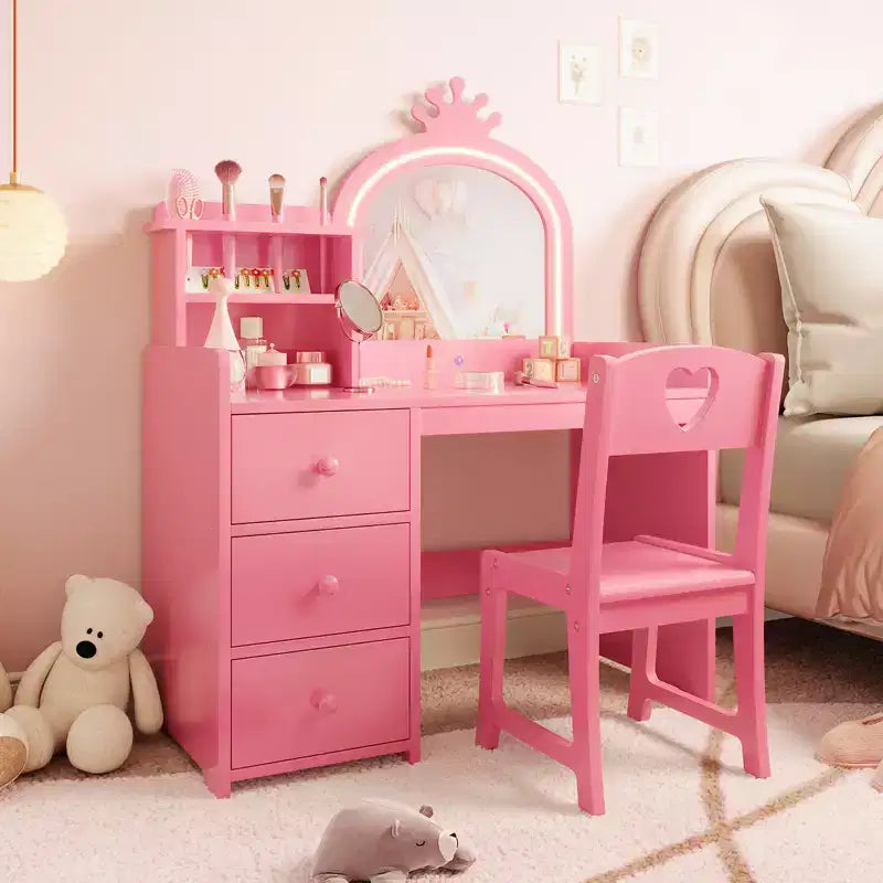 Kinderschminktisch mit beleuchtetem Spiegel, pinkes Holz-Schminktisch-Set mit Stuhl, Schubladen, Pinselhaltern & Ablagefächern, für kleine Mädchen
