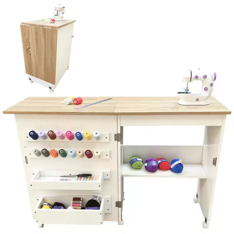 Klappbarer Nähtisch mit Rollen, Ablageflächen, Ablageschalen, Holzdübeln für Arbeit und Zuhause