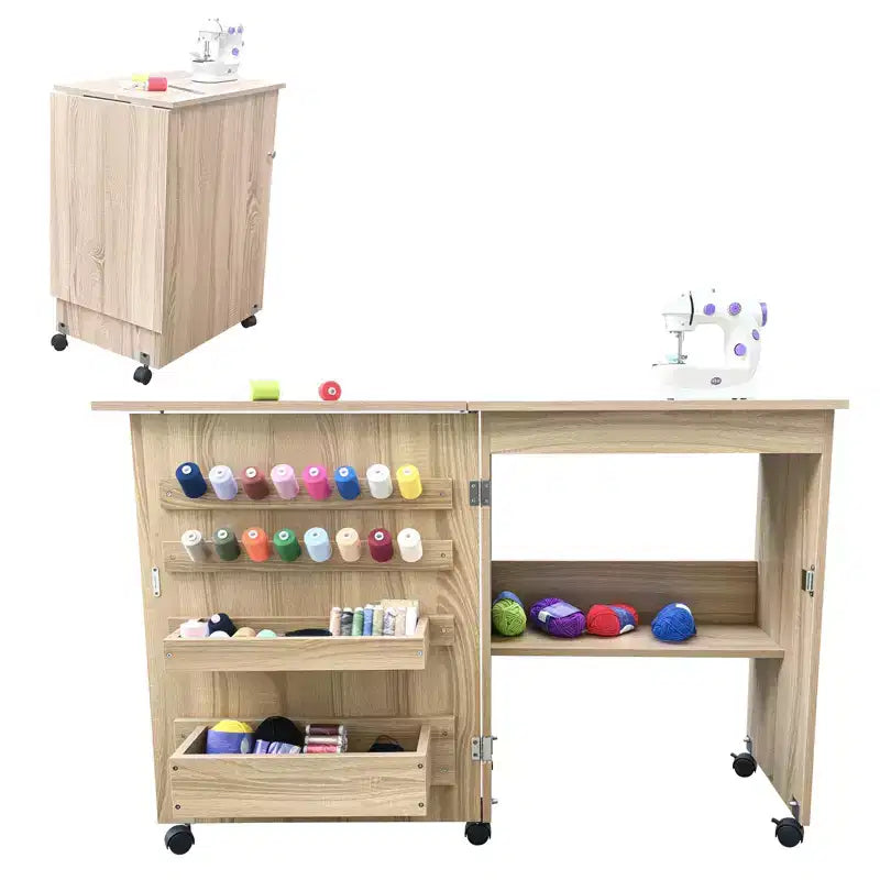 Klappbarer Nähtisch mit Rollen, Ablageflächen, Ablageschalen, Holzdübeln für Arbeit und Zuhause