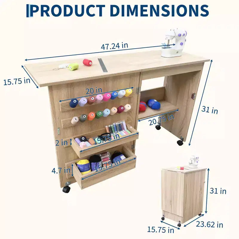 Klappbarer Nähtisch mit Rollen, Ablageflächen, Ablageschalen, Holzdübeln für Arbeit und Zuhause